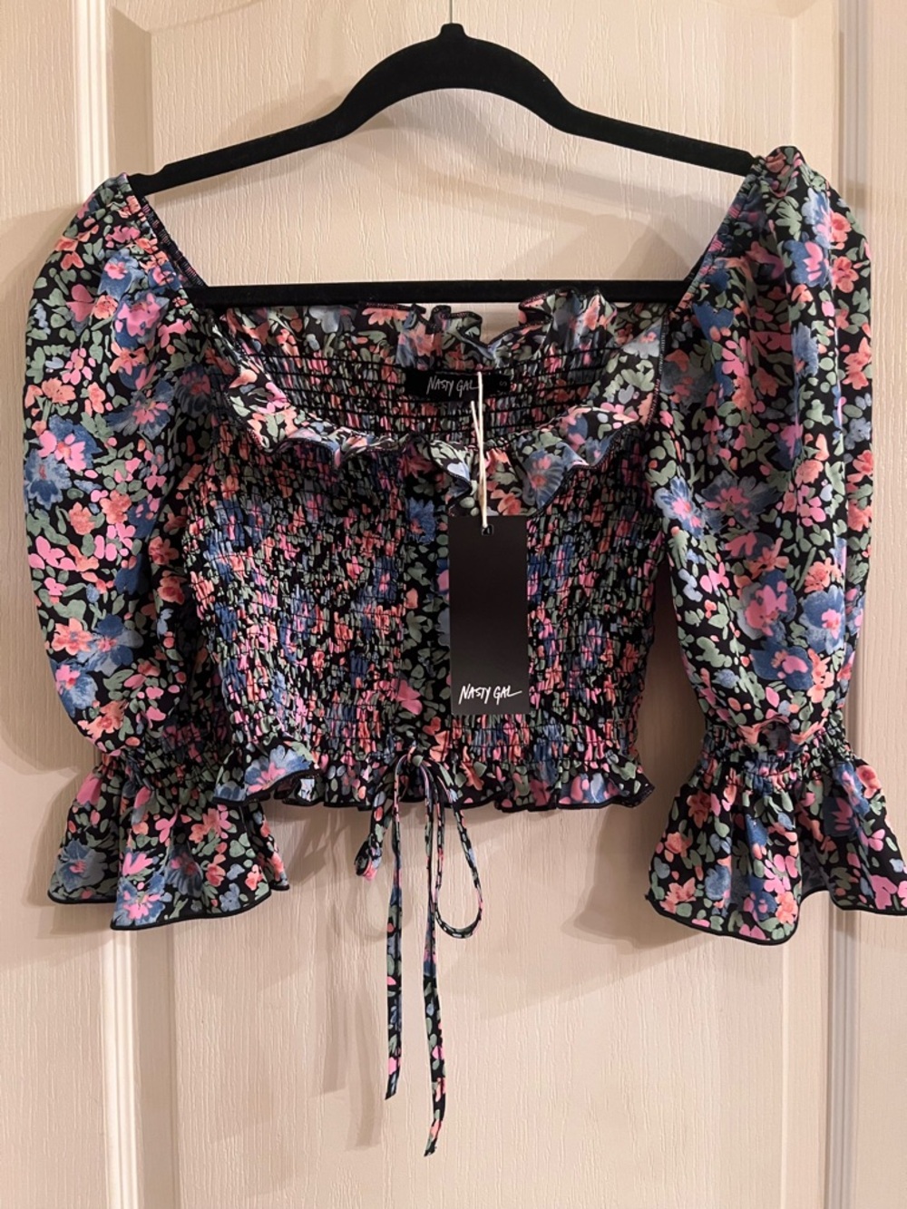 Nasty Gal Black Floral Smocked Crop Top with Puff Sleeves